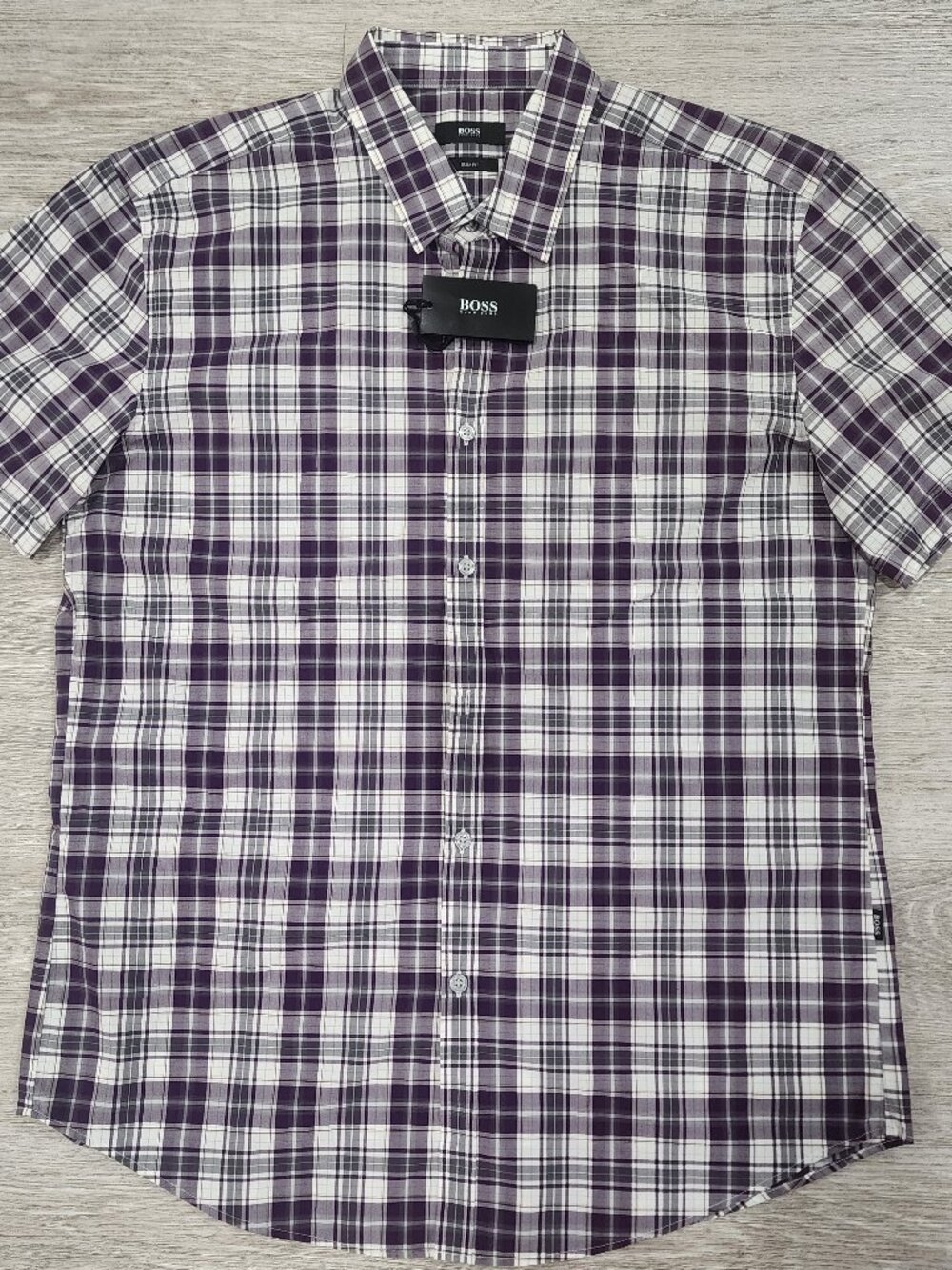 Hugo Boss Slim Fit Purple White Plaid Short Sleeve Shirt Preppy Men's XL NWT